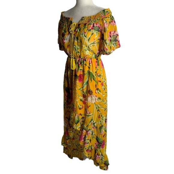 Boohoo Off the Shoulder Midi Dress 6 Yellow Floral High Low Hem Elastic Waist - Picture 4 of 7